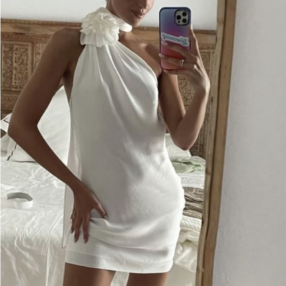 Zara Satin Effect Rosette Flower Halter Mini Dress